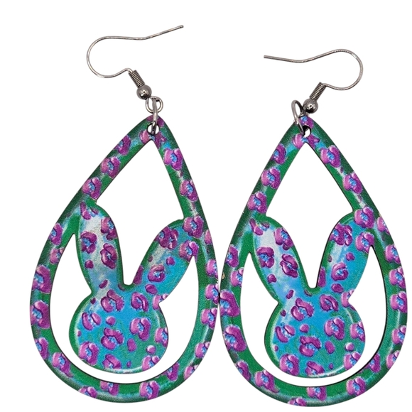 Wood Purple & Blue Teardrop Bunny Earrings - Picture 3 of 4